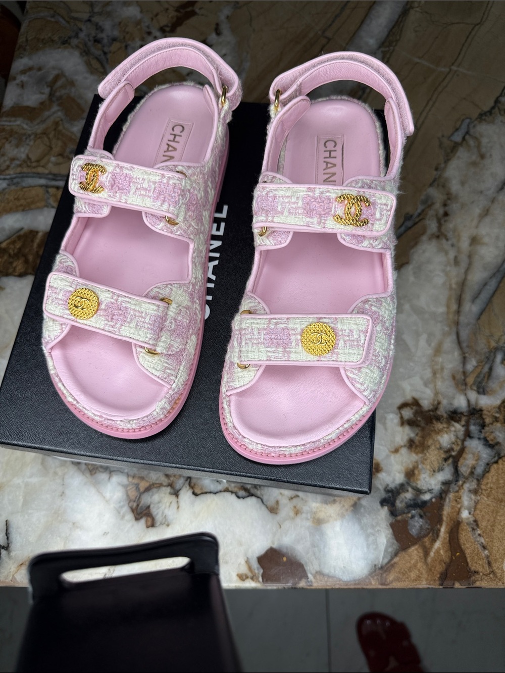 CHANEL Pink Tweed Women’s Sandals with Gold CC Buttons.